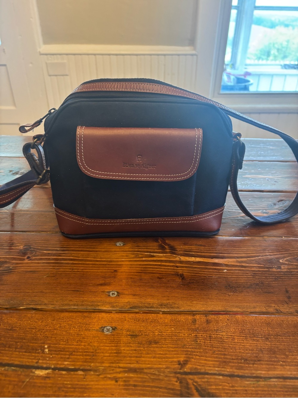 Etienne Aigner Navy Nylon Crossbody with Brown Leather Trim